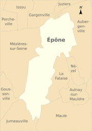 carte montrant les contours de la commune d'Épône (en beige clair) et des communes environnantes (en ocre clair).