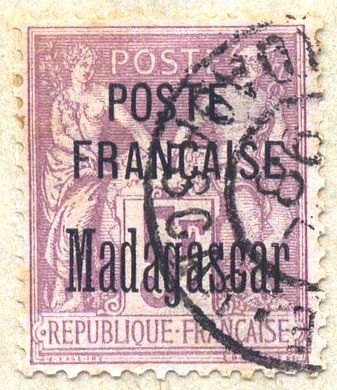 1896: надпечатка «Poste française. Madagascar» («Французская почта. Мадагаскар»), тип «Саж» (Yt #22)