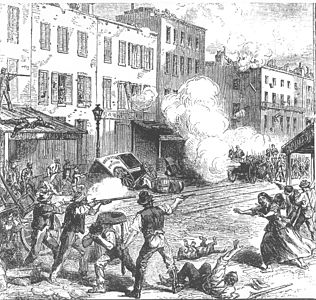 Bowery gangs clashing with police and Union Army troops in the 1863 New York City draft riots.