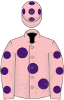 Pink, large purple spots, pink sleeves, purple spots, pink cap, purple spots