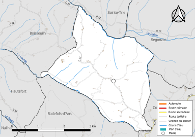 Carte en couleur présentant le réseau hydrographique de la commune