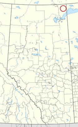 A map of the province of Alberta showing 80 counties and 145 small Indian reserves. One is highlighted with a red circle.