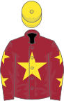 Maroon, yellow star, maroon sleeves, yellow stars, yellow cap