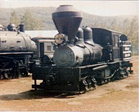 Photograph of Meadow River Lumber Company Shay #1 on static display at Steamtown, Bellowsfalls, Vermont.