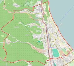 Mapa konturowa Sopotu, po prawej znajduje się punkt z opisem „Sheraton Sopot Hotelb. ''Logierhaus'', ''Kurhaus Hotel''”