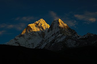 Sunset on amadablam from Dingboche. Photograph: Niroj Sedhai