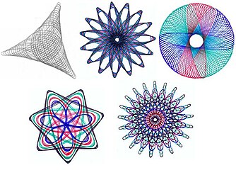 Several Spirograph designs drawn with a Spirograph set using several different-colored pens