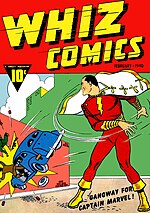 Whiz Comics #2 (February 1940), the first appearance of Captain Marvel, the company's most popular character. Cover art by C. C. Beck.