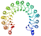 Top view of a ribbon diagram of porcine ribonuclease inhibitor. It forms three-quarters of a circle, opening at the bottom. The inner and outer rings are composed of beta strands and alpha helices, respectively. The ribbon is colored from blue to red along its length; its beginning (N-terminus) is at the lower right and its end (C-terminus) is at the lower left.