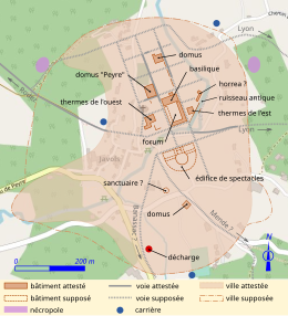 Plan replaçant les éléments d'une ville antique sur un fond moderne.