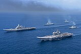 Vikrant and Vikramaditya with two Kolkata-class destroyer and a Talwar-class frigate