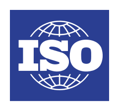 A blue rectangle with a white line drawing of a sphere inside divided longitudinally and latitudinally and emblazoned with the letters "ISO" in white