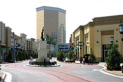 A central plaza of the Louisiana Boardwalk with the Horseshoe Casino in the background.