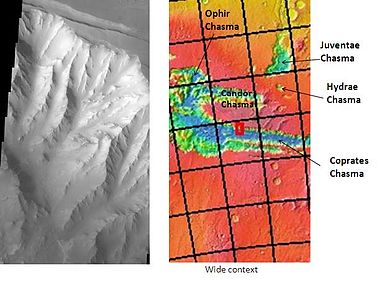 Melas Chasma, as seen by THEMIS. Click on image to see relationship of Melas Chasma to other features.