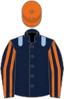 Dark blue, light blue epaulets, dark blue and orange striped sleeves, orange cap