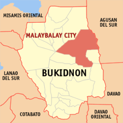 Mapa ng Bukidnon na pinapakita ang lokasyon ng Lungsod ng Malaybalay