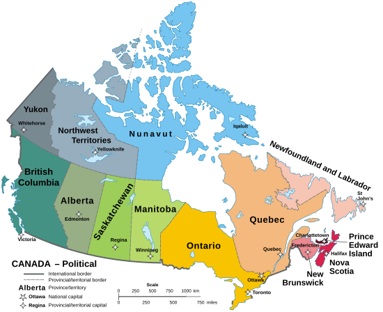 Mapa ng Canada nagpapakita ng 10 mga probinsiya at 3 mga teritoryo nito