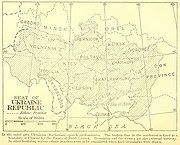 1918 map of Ukraine. Caption says following: "In the ruled area Ukrainian (Ruthenian) speech predominates…"