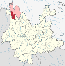 Location of Weixi County (red) in Diqing Prefecture (pink) within Yunnan