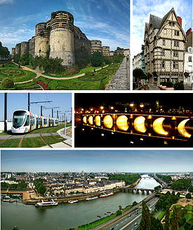 Top to bottom, left to right:Château d'Angers, Maison d'Adam; vehicle of Anger tramway, Verdun Bridge at night; view ofMaine River, Verdun Bridge and downtown area from Angers Castle