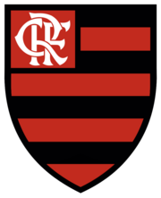 An escutcheon with horizontal red and black stripes, with a monogram of the letters CRF in its upper-left part