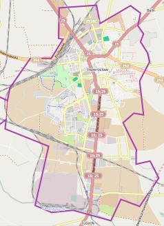 Mapa konturowa Inowrocławia, u góry nieco na prawo znajduje się punkt z opisem „Parafia Imienia NMP”