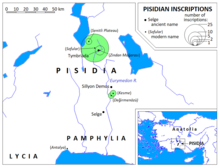 Map showing where inscriptions in the Pisidian language have been found. Map Pisidian Inscriptions.png