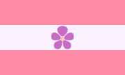 Sapphic Flag made of three equal-sized verticle stripes of pink, white, pink, with a small five petalled flower in the centre of the white stripe