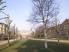 Le jardin de l'Université, à droite la faculté de psychologie, à gauche l'institut de physique.