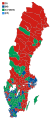 Votes by municipality. The municipalities are the color of the party that got the most votes within the coalition that won relative majority.