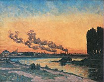 Guillaumins Zonsondergang in Ivry (1873), met industriële elementen in het landschap. Geëxposeerd op de eerste tentoonstelling.