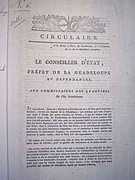 Circulaire du préfet colonial de la Guadeloupe aux commissaires des quartiers de la Guadeloupe du 6 prairial an X (26 mai 1803) diffusant la version imprimée localement de l'arrêté consulaire du 27 messidor an X (16 juillet 1802).