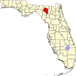 A state map highlighting Suwannee County in the corner part of the state. It is medium in size.