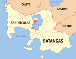 Mapa de Batangas con San Nicolas resaltado