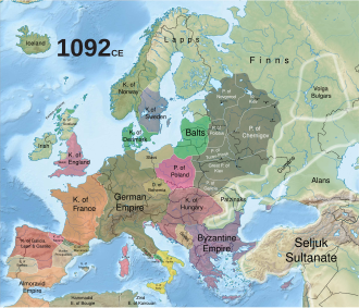 Map of Europe, showing the major realms, including the Holy Roman Empire and France as unified realms.