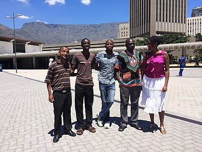 Wikipedians from across Africa attend WikiAfrica's Open Africa 2014 course in Cape Town in February 2014. From left: Abel Asrat, Rexford Nkansah, Michael Phoya, Cyriac Gbogou, and Erina Mukuta.