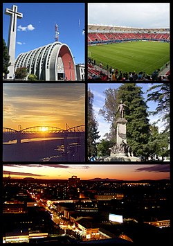 Searah jarum jam, dari atas: Gereja Katedral Chillán, Stadion Nelson Oyarzún Arenas, puente ferroviario de Ñuble, Patung Bernardo O'Higgins, pemandangan kota pada saat matahari terbenam.