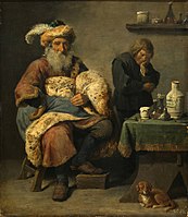 The dentist label QS:Len,"The dentist" label QS:Lpl,"Dentysta" 1640s date QS:P,+1640-00-00T00:00:00Z/8 oil on panel medium QS:P186,Q296955;P186,Q287,P518,Q861259 . 35 × 30.5 cm. Gemäldegalerie Alte Meister, Dresden.