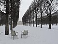 Deux fauteuils sous la neige au jardin du Luxembourg.