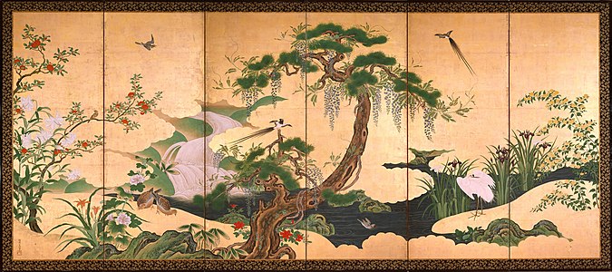 Kanō Einō, Kevään ja kesän lintuja ja kukkia, 1600-luvun loppu, 1,530 mm × 3,610 mm.