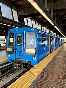 S-series train at Line 3 platform in Kennedy station in Toronto, 2019.jpg