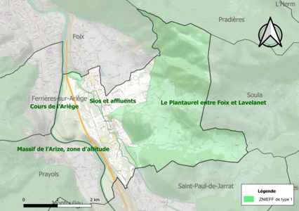 Carte des ZNIEFF de type 1 sur la commune.