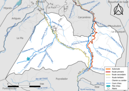 Carte en couleur présentant le réseau hydrographique de la commune