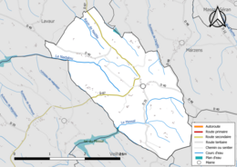 Carte en couleur présentant le réseau hydrographique de la commune