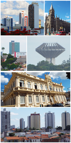 In clockwise, starting top left: Buildings in the neighborhood Santa Monica, Senhor dos Passos Church, Building Icon Tower, Caixa d'agua Tomba, City Hall and Ponto Central neighborhood.