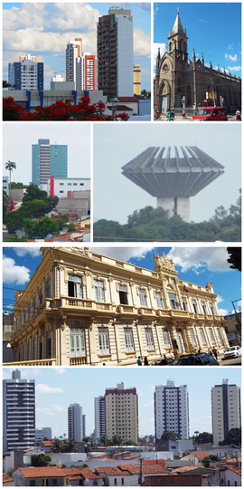 De cima em sentido horário: Bairro Santa Mônica, Igreja Senhor dos Passos, Edifício Ícone Tower, Caixa d'agua do Tomba, Prefeitura da cidade e bairro Ponto Central.