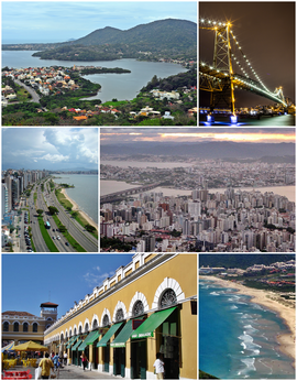 Do topo, em sentido horário: panorama do lado sul da Lagoa da Conceição; Ponte Hercílio Luz à noite; panorama da região central a partir do Morro da Cruz; Praia do Santinho; Mercado Público no centro histórico e vista da Avenida Beira Mar.