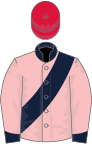 Pink, dark blue sash, collar and cuffs, crimson cap