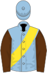 Light blue, yellow sash, brown sleeves