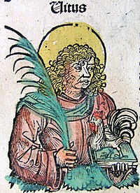 Colored woodcut of a robed man labeled "Titus" with a halo behind his head. He carries a palm frond in his right hand and a rooster atop a book in his left. His hair is long and curly.